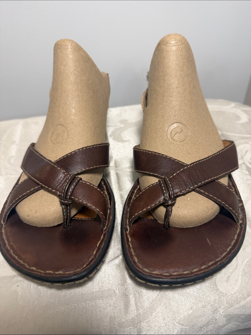 Born Brown Leather Slip-On Sandal with Tan Accent XXX